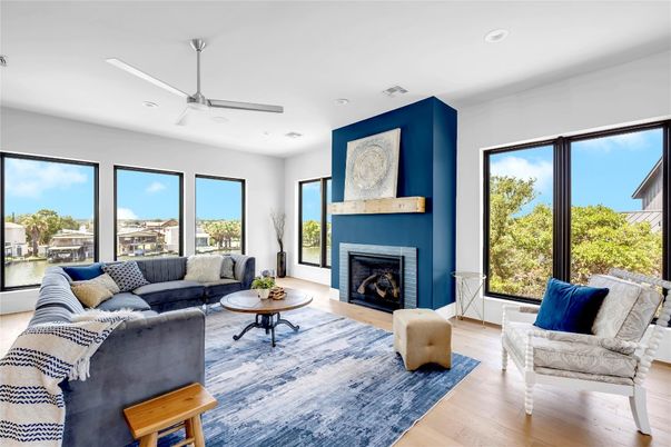 Fireplace, Interior, Living room, Recessed Lighting, Wood Texture Flooring
