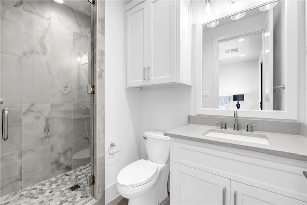 Bathroom, Glass Shower, Interior, Marble Walls, Recessed Lighting