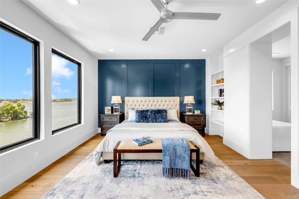 Bedroom, Interior, Recessed Lighting, Wood Texture Flooring