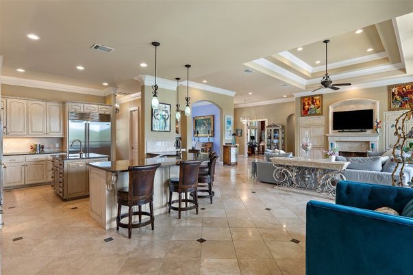 Fireplace, Interior, Kitchen, Living room, Pendant Lights, Recessed Lighting, Stainless Steel Appliances