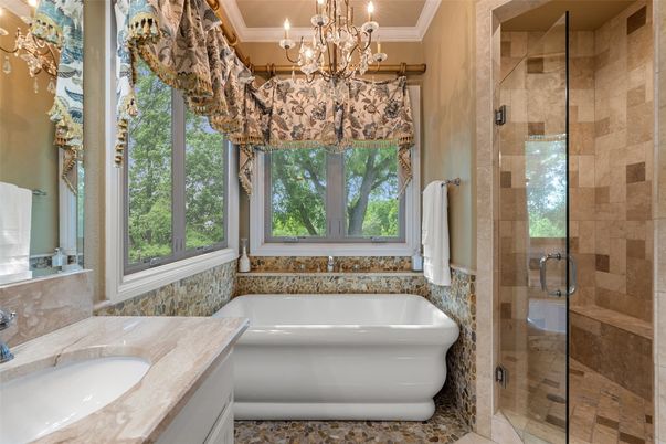 Bathroom, Chandelier, Glass Shower, Interior