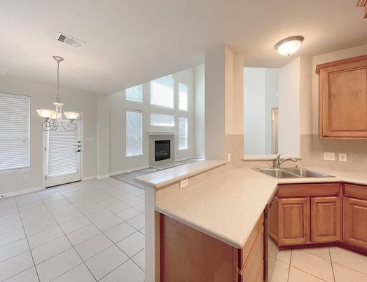 Empty room, Fireplace, Interior, Kitchen, Pendant Lights