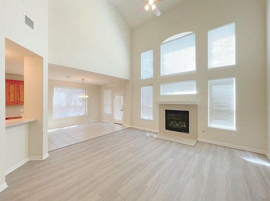 Chandelier, Empty room, Fireplace, Interior, Wood Texture Flooring