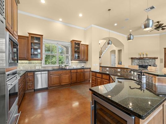 Fireplace, Interior, Kitchen, Pendant Lights, Recessed Lighting, Stainless Steel Appliances