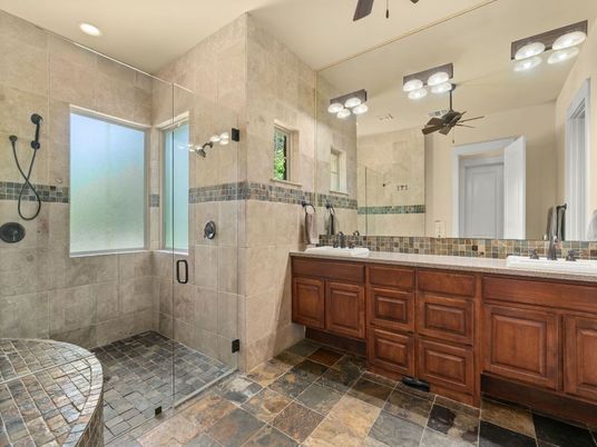 Bathroom, Glass Shower, Interior, Recessed Lighting, Tile Countertops
