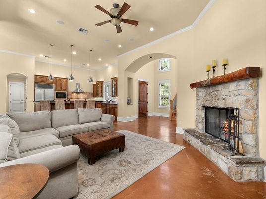 Fireplace, Interior, Kitchen, Living room, Pendant Lights, Recessed Lighting, Stainless Steel Appliances, Wood Texture Flooring