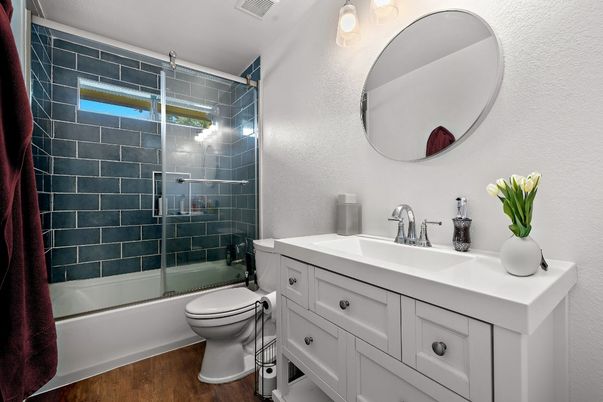 Bathroom, Glass Shower, Interior, Wood Texture Flooring
