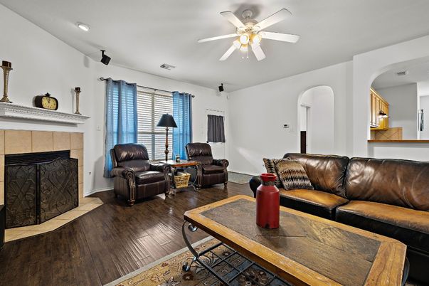 Fireplace, Interior, Living room, Recessed Lighting, Wood Texture Flooring