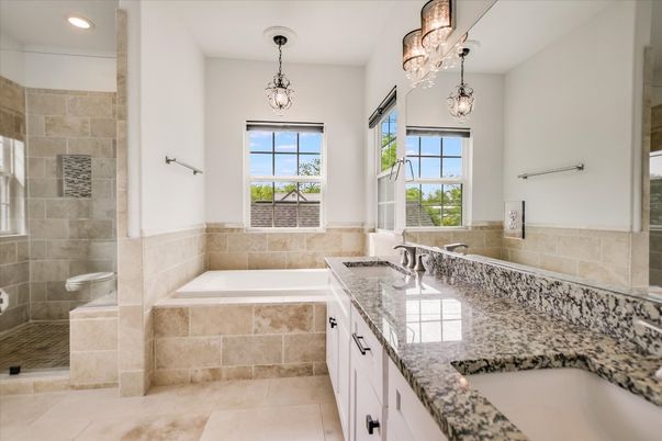 Bathroom, Dual Sink Vanities, Interior, Pendant Lights, Recessed Lighting