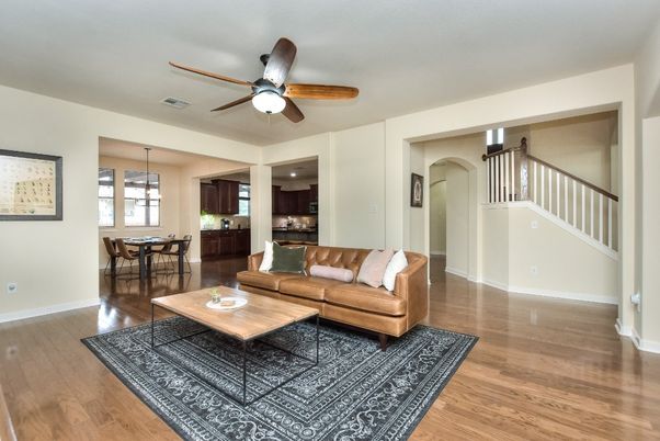 Dining room, Interior, Living room, Pendant Lights, Wood Texture Flooring