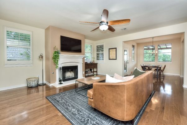 Dining room, Fireplace, Interior, Living room, Pendant Lights, Wood Texture Flooring