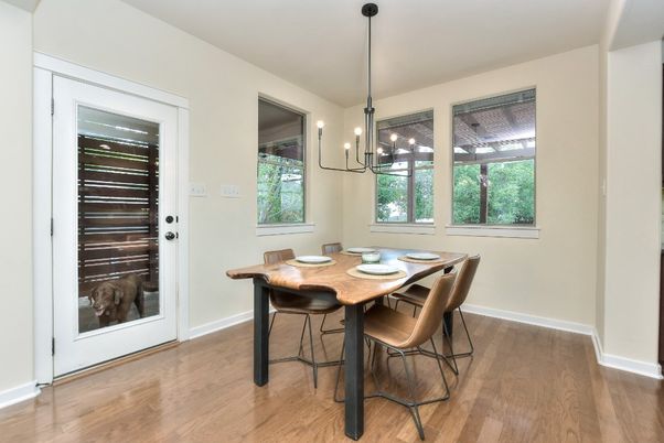 Dining room, Interior, Pendant Lights, Wood Texture Flooring