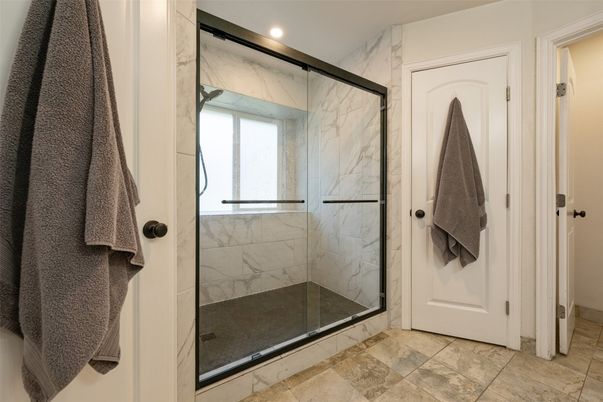 Bathroom, Glass Shower, Interior, Marble Walls, Recessed Lighting