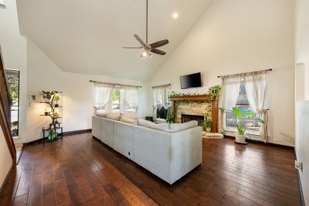 Fireplace, Interior, Living room, Recessed Lighting, Wood Texture Flooring
