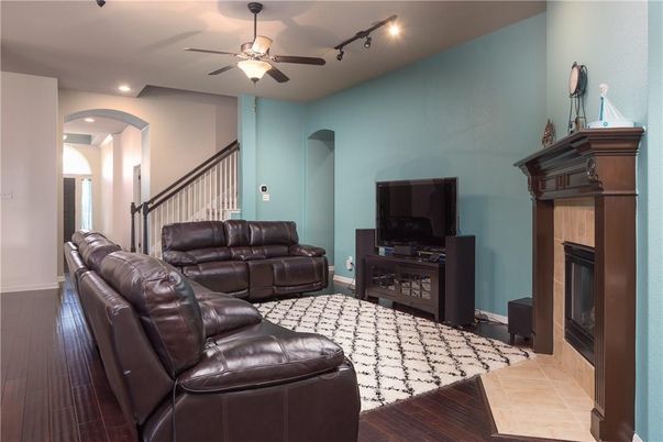 Fireplace, Interior, Living room, Recessed Lighting, Wood Texture Flooring