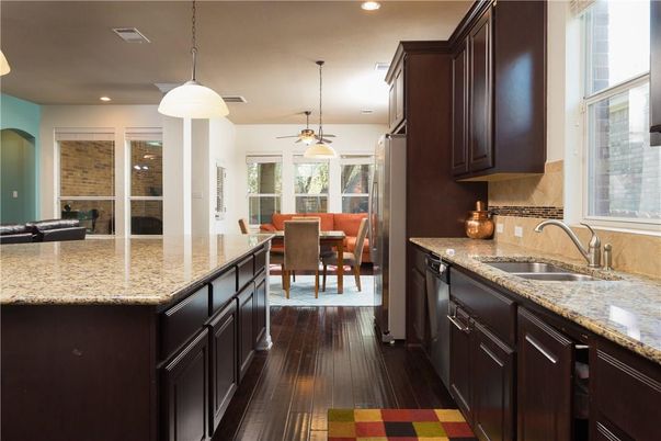 Dining room, Interior, Kitchen, Pendant Lights, Recessed Lighting, Wood Texture Flooring