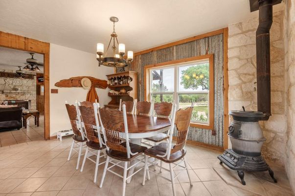 Chandelier, Dining room, Fireplace, Interior