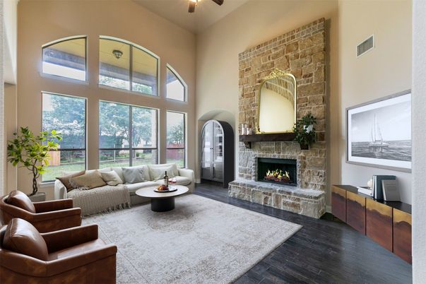Fireplace, Interior, Living room, Stone Walls, Wood Texture Flooring