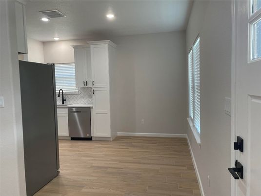 Interior, Kitchen, Recessed Lighting, Stainless Steel Appliances, Wood Texture Flooring