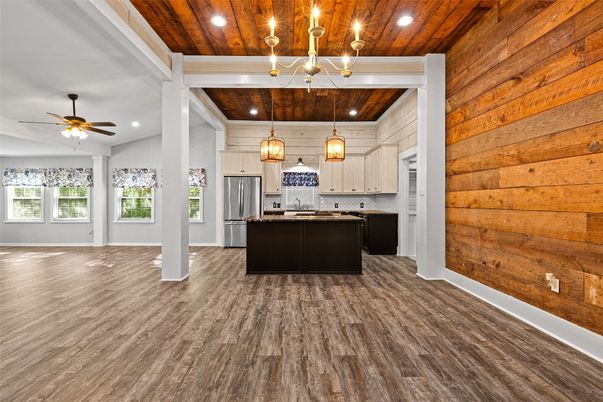 Chandelier, Interior, Kitchen, Pendant Lights, Recessed Lighting, Stainless Steel Appliances, Wooden Ceilings, Wood Texture Flooring, Wooden Walls