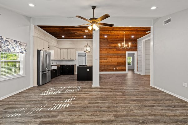 Interior, Kitchen, Pendant Lights, Recessed Lighting, Stainless Steel Appliances, Wooden Ceilings, Wood Texture Flooring, Wooden Walls