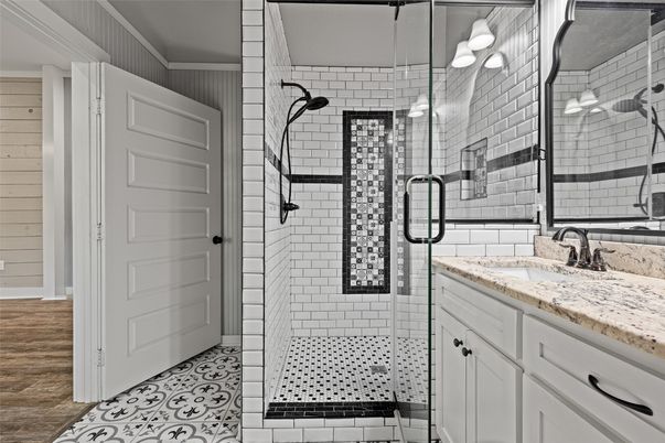 Bathroom, Glass Shower, Interior, Wood Texture Flooring