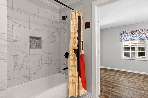 Bathroom, Interior, Marble Walls, Wood Texture Flooring