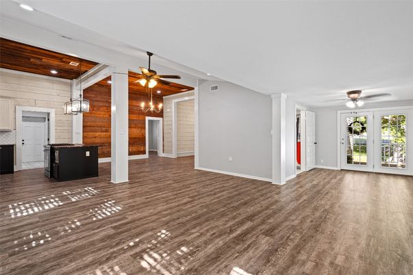 Empty room, Interior, Pendant Lights, Recessed Lighting, Wooden Ceilings, Wood Texture Flooring, Wooden Walls