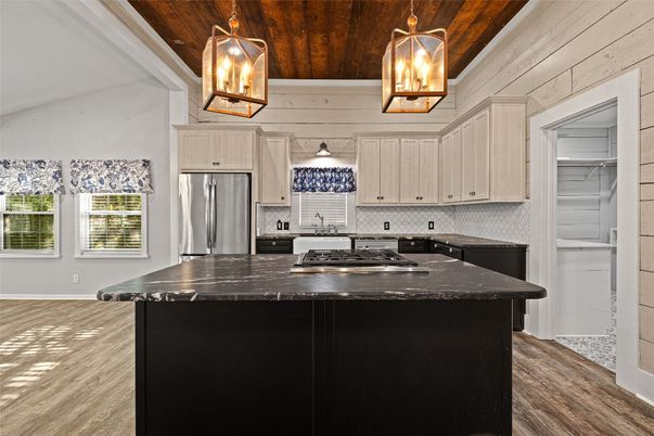 Interior, Kitchen, Pendant Lights, Stainless Steel Appliances, Wooden Ceilings, Wood Texture Flooring