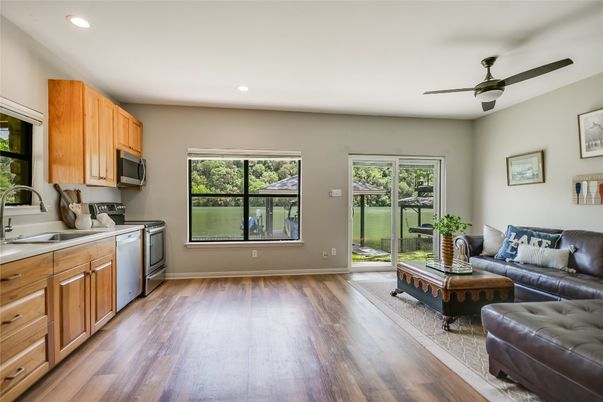 Interior, Kitchen, Living room, Recessed Lighting, Wood Texture Flooring