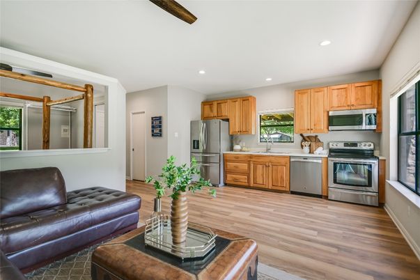 Interior, Kitchen, Living room, Recessed Lighting, Stainless Steel Appliances, Wood Texture Flooring