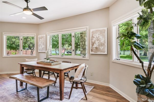 Dining room, Interior, Recessed Lighting, Wood Texture Flooring