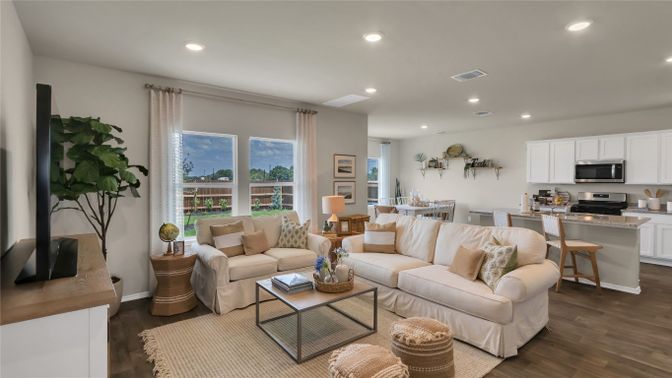 Dining room, Interior, Kitchen, Living room, Recessed Lighting, Stainless Steel Appliances, Wood Texture Flooring