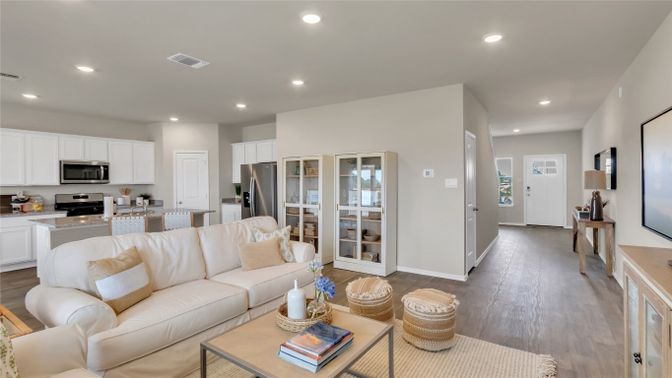 Interior, Kitchen, Living room, Recessed Lighting, Stainless Steel Appliances, Wood Texture Flooring