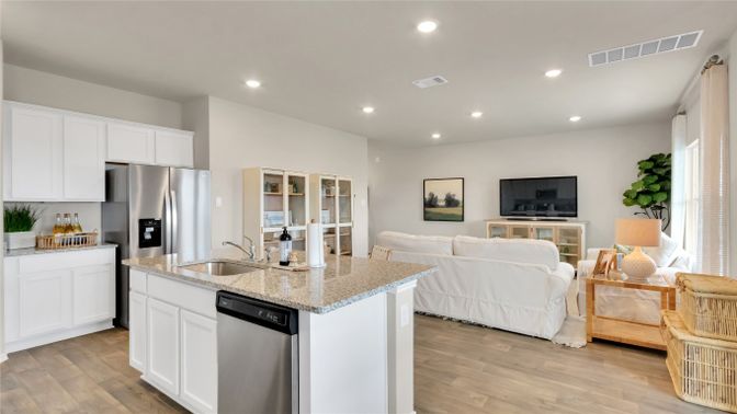 Interior, Kitchen, Living room, Recessed Lighting, Stainless Steel Appliances, Wood Texture Flooring