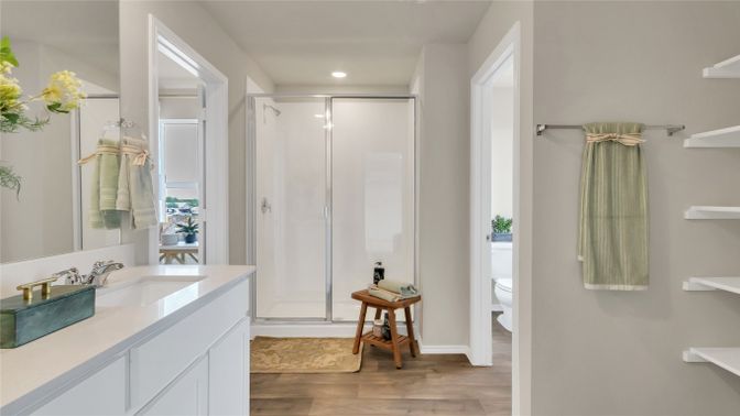 Bathroom, Interior, Recessed Lighting, Wood Texture Flooring