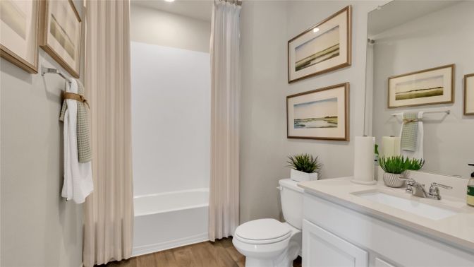Bathroom, Interior, Recessed Lighting, Wood Texture Flooring