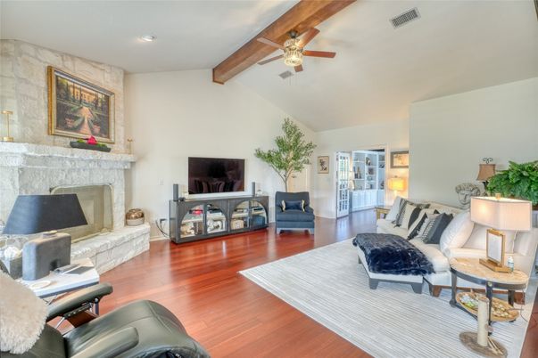 Fireplace, Interior, Living room, Recessed Lighting, Wooden Beams, Wood Texture Flooring