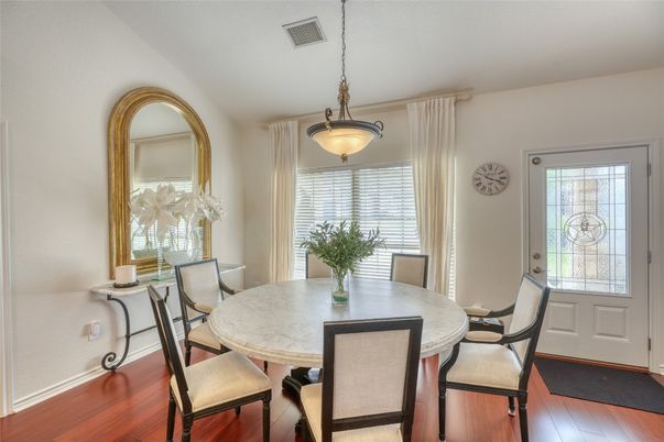 Dining room, Interior, Pendant Lights, Wood Texture Flooring
