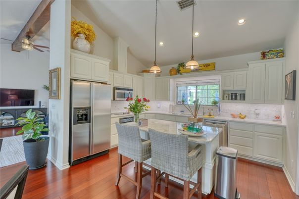 Interior, Kitchen, Pendant Lights, Recessed Lighting, Stainless Steel Appliances, Wood Texture Flooring