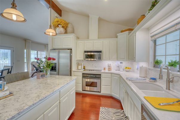Interior, Kitchen, Pendant Lights, Stainless Steel Appliances, Wooden Beams, Wood Texture Flooring