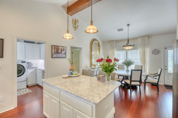 Dining room, Interior, Kitchen, Pendant Lights, Washer, Wooden Beams, Wood Texture Flooring