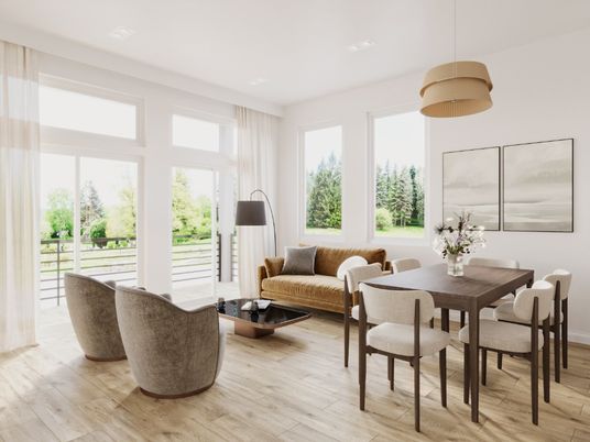 Dining room, Interior, Living room, Pendant Lights, Wood Texture Flooring
