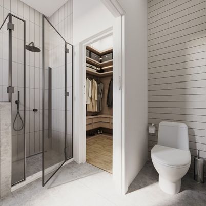 Bathroom, Glass Shower, Interior, Wood Texture Flooring