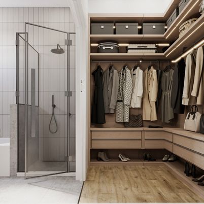 Bathroom, Glass Shower, Interior, Walk-in Closets, Wood Texture Flooring