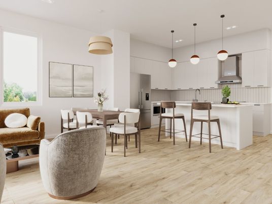 Dining room, Interior, Kitchen, Pendant Lights, Recessed Lighting, Stainless Steel Appliances, Wood Texture Flooring