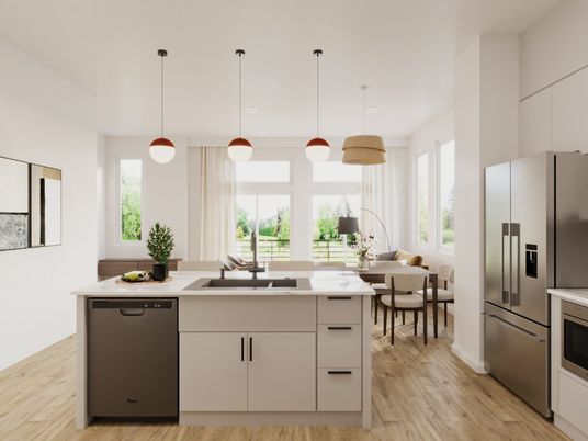 Dining room, Interior, Kitchen, Pendant Lights, Stainless Steel Appliances, Wood Texture Flooring