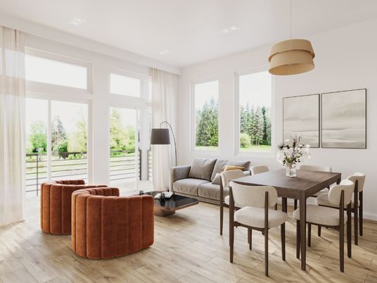 Dining room, Interior, Living room, Pendant Lights, Wood Texture Flooring