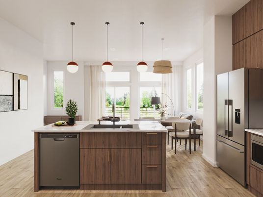 Dining room, Interior, Kitchen, Pendant Lights, Stainless Steel Appliances, Wood Texture Flooring