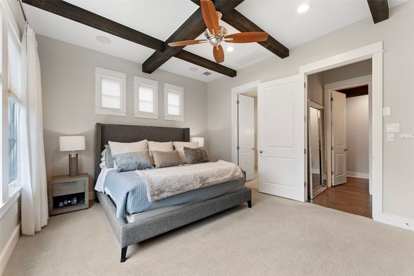 Bedroom, Interior, Recessed Lighting, Wooden Beams, Wood Texture Flooring